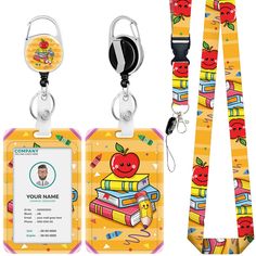 two lanyards, one with an apple and the other with books on it