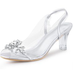 Looking for the perfect summer sandals to add to your shoe collection? Look no further! These glamorous open-toe sandals feature sparkling crystal flowers on the upper, with clear straps and heels for a stunning look. The sandals have a slip-on design and a block heel for added comfort and stability. The vamp is made of PVC and the outsole is made of rubber, while the clear PC heel measures 2.8 inches. Don't forget to check the size measurement chart before placing your order to ensure the perfe Silver Open Heel Slingback Sandals For Summer, Silver Open Toe Slingback Pumps For Summer, Silver Open Toe Slingback Pumps For Spring, Silver Open Heel Slingback Pumps For Summer, Summer Open Toe Slingback Pumps With Rhinestones, Summer High Heel Slingback Pumps With Rhinestones, Summer Rhinestone Slingback Pumps With Ankle Strap, Summer Slingback Pumps With Rhinestones And Ankle Strap, Summer Slingback Pumps With Rhinestones