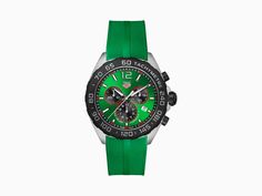 Setting the pace with colour and cool is the TAG Heuer Formula 1. A versatile 43mm chronograph with vivid green dial and matching rubber strap, full of sportive design codes, the motor racing collection is roaring ahead to victory. Green Analog Display Watch Accessories With Round Dial, Functional Green Sports Watch, Green Outdoor Watch With Stopwatch, Green Analog Outdoor Watch, Green Analog Display Watch For Outdoor, Luxury Green Chronograph Watch With Tachymeter, Luxury Green Chronograph Watch With Subdials, Green Sports Watch With Round Dial, Green Chronograph Watch With Analog Round Dial