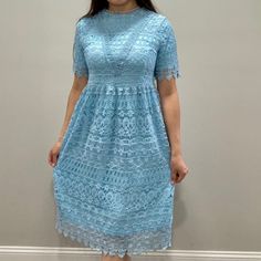 Has Under Lined Skirt And Zipper Back Fit Flare Style Flatters Your Figure Easy To Dress Up With Some Heels Or Pair With Espadrilles Fitted Light Blue Dress With Lace Patchwork, Blue Lace Trim Summer Dress, Casual Lace Midi Length Dress, Blue Dresses With Lace Patchwork For Spring, Blue Mini Lace Dress With Lace Trim, Blue Knee-length Midi Dress With Lace Trim, Blue Knee-length Dress With Lace Patchwork, Casual Short Sleeve Lace Dress, Spring Blue Lace Dress With Patchwork