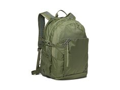 a green backpack with straps on the front and side pockets, sitting against a white background