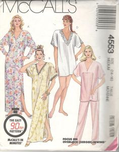 McCalls 4553 1980s Misses V Neck Caftan Nightgown and Pajamas | Etsy Split Skirt Pattern, Ladies Caftan, Nightgown Pattern, Pajama Pattern, Pants Sewing Pattern, Costume Patterns, Mccalls Sewing Patterns, Nightgowns For Women, Couture Vintage