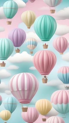 colorful hot air balloons floating in the sky with clouds behind them, all painted pink and blue