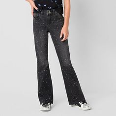 She'll feel like a star every time she wears these black shimmery Thereabouts flare-leg jeans from the little and big girls collection. They're made from a stretch cotton-blend and have a button-zip fly and 5-pocket tailoring. Add a t-shirt and sneakers for a cute look. Closure Type: Button & ZipperPockets: 2 Front Slip Pockets, 2 Back Slip Pockets, 1 Front Coin PocketRise: At WaistFiber Content: 83% Cotton, 16% Polyester, 1% SpandexFabric Description: DenimInseam: AverageCare: Tumble Dry, Machi 7 Jeans, Jean Color, Girls Collection, Flare Leg Jeans, Jeans Flare, Stretch Cotton, Flare Jeans, Leg Jeans, Black Jeans