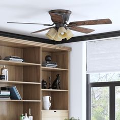 a ceiling fan is hanging from the ceiling in a room with bookshelves and shelves