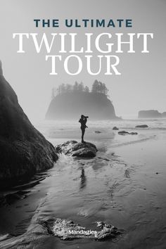 a person standing on top of a rock next to the ocean with text reading the ultimate twilight tour