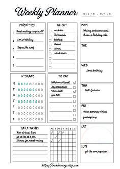 the printable weekly planner is shown in black and white, with text on it