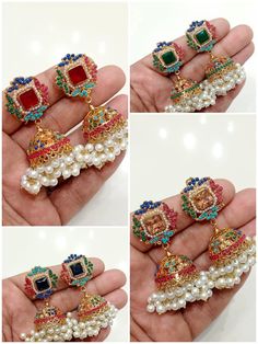 Beautiful nauratan multi stone Jhumkas Elegant Multicolor Chandbalis With Latkans, Elegant Multicolor Latkan Chandbalis, Traditional Multicolor Round Danglers, Multicolor Latkans Jhumkas For Navratri, Chandbali Jeweled Jhumkas For Celebration, Jeweled Chandbali Jhumkas For Celebration, Multicolor Temple Jewelry Jhumkas For Festivals, Multicolor Temple Jewelry Jhumkas, Festive Temple Jewelry Style Jeweled Jhumkas