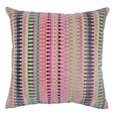 a multicolored striped pillow on a white background with pink, green and yellow stripes