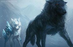 two wolfs are standing in the snow