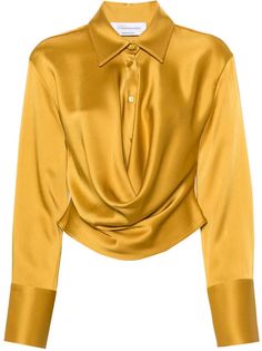 Gold Shirts For Women, Gold Outfits For Women, Satin Shirts For Women, Satin Blouse Long Sleeve, Satin Tops, Pointed Flat Collar, African Dresses For Kids, Gold Shirt