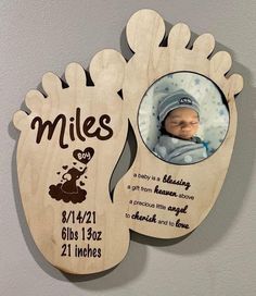 two wooden baby feet with a photo on them