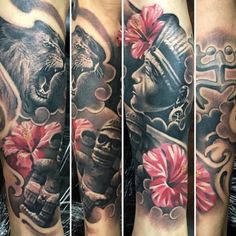 tattoos on the arm and leg of a man with an image of a bear, skull, and flower