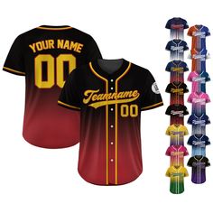 Gradient Custom Baseball Jersey is a stylish and functional piece that ensuring a comfortable fit for friend, family, couples, teams, or anyone who loves Baseball fashionable and sporty vibe. From casual outings to intense gameplay, this baseball jersey always guarantees both style and performance. If you have any other design ideas, or any changes to the jersey details, simply share an image and we will create a visual representation for you to confirm. ⚾FEATURES - Personalized with your choice Custom Name Print Black Baseball Jersey For Sports, Black Baseball Jersey With Name Print For College, College Black Baseball Jersey With Name Print, Black College Baseball Jersey With Name Print, Customizable Red Jersey For Sports Season, Customizable Red Jersey For Sports Events, Black Cotton Baseball Jersey For Team Events, Casual Black Baseball Jersey For Team Events, Red Cotton Jersey With Team Name