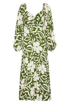 The Ondina Midi Dress in Pavito Floral Olive is designed with a flattering sweetheart neckline, long voluminous sleeves, shirred back panel and a gathered skirt that falls effortlessly to a full length hem. Considerately crafted with rayon crepe fibres from renewable wood sources and hand-printed with large contrast blooms for a statement finish. Perfect for any date night or tropical occasion. Green Printed Relaxed Fit Dress, Green A-line Midi Dress With Floral Print, Green Printed A-line Midi Dress, Green Floral Print Viscose Dress, Green Abstract Print Midi Dress, Voluminous Sleeves, Faithfull The Brand, Maxi Dress Sale, Mini Dress Shop