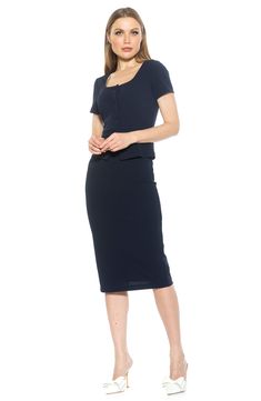 Exude polished style in a short-sleeve sheath dress fashioned with covered front buttons, a belted waist and an elegant peplum. 47 1/2" length (size X-Small) Exposed back-zip closure Scoop neck Short sleeves Partially lined 95% polyester, 5% spandex Machine wash, tumble dry Imported Sheath Dress, Scoop Neck, Short Sleeves, Fashion Dresses, Nordstrom