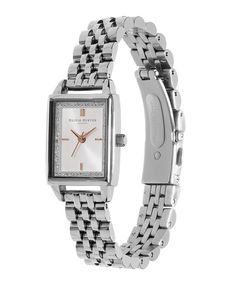 Townhouse 21mm Rectangle White & Silver Bracelet Watch | Olivia Burton London Silver Watches Women Classy Aesthetic, Ladies Silver Watch, Silver Bracelet Stack With Watch, Olivia Burton Watch, Classic Watch Women, Silver Bracelet Watch, Stainless Steel Watch Women, Silver Bracelet Stack, London Townhouse