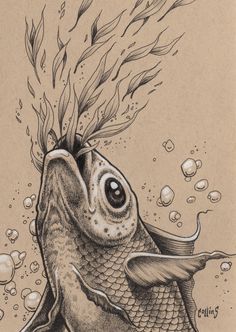 a drawing of a fish with its mouth open and water droplets coming out of it