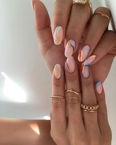 Nails And Rings, Multicolored Nails, Colorful Nails, Summery Nails, Vibrant Nails, Round Nails, Nails 2023