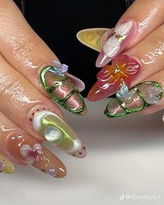 Fairycore Nail Art, Shell 3d Nails, 3d Flower Charm Nails, 3d Orchid Nail Art, Press On Nails Gyaru, Classy Acrylic Nails, Neutral Nails, Stylish Nails