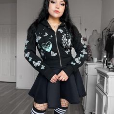 Black Cropped Zip Up Hoodie By Justify Tiffany Blue And White Graphics Silver Zipper Down Center Front For Closure Super Soft Fleece Lining Nwot! Size: Medium Length: 17.5” Chest: 42” Sleeve: 20” #Grunge #Emo #Y2kstyle #Hottopic #Goth #Fairygoth #Fairy #Croppedhoodie #Punk #Mallgoth #Gothic #Softgirl #Egirl Y2k Hoodie Sweatshirt, Edgy Hooded Hoodie For Spring, Edgy Hoodie Sweatshirt For Spring, Edgy Spring Cotton Hoodie, Fitted Long Sleeve Alternative Style Hoodie, Fitted Black Hoodie For Spring, Emo Hooded Tops For Fall, Edgy Spring Hoodie Sweatshirt, Black Y2k Style Hoodie For Spring