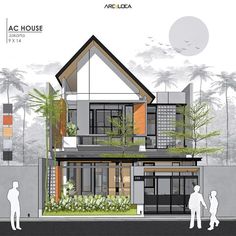 an architectural rendering of a two story house with palm trees in the background and people standing outside