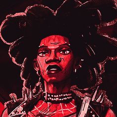 a drawing of a woman with black hair and an afro on her head, in red