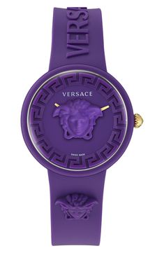 A 3D Medusa head centers the dial of an opulent watch enriched with a smooth leather strap. 38.5mm case; 18mm band width Buckle closure Swiss quartz movement Silicone Swiss made Purple Watch, Purple Cases, Expensive Jewelry Luxury, Versace Watch, Medusa Head, Wrist Wear, Versace Accessories, Dope Jewelry, Ladies Watches