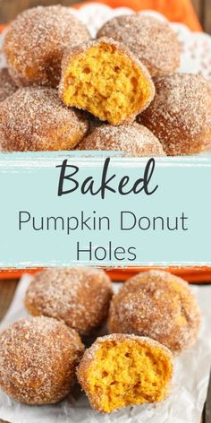 baked pumpkin donut holes with powdered sugar on top and the words baked pumpkin donut holes above them