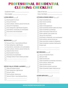 a cleaning checklist with the words professional residential cleaning checklist written in bold colors