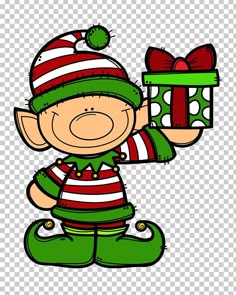 an elf holding a present box with a green ribbon and red striped hat on his head