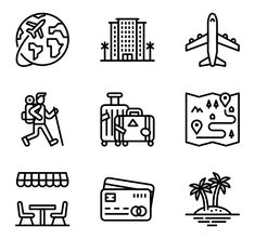 black and white icons depicting different places to go in the world, including an airplane