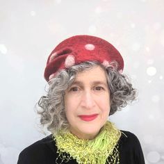 Felted Amanita Mushroom Hat - front view Handmade Red Mini Hat With Short Brim, Whimsical Red Brimmed Hat, Red Whimsical Mini Hats For Gifts, Handmade Red Costume Hat, Whimsical Red Winter Hat, Whimsical Red Mini Hats As Gifts, Whimsical Red Mini Hats For Gifts, Red Hat As A Gift, Red Hat As A Gift, One Size Fits All