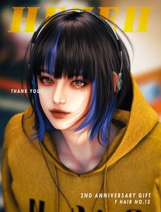 a digital painting of a girl with blue hair and headphones on the cover of tech magazine