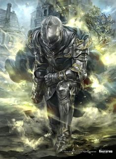 a man in armor is walking through the clouds