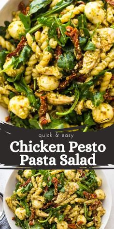 chicken pesto pasta salad in a white bowl