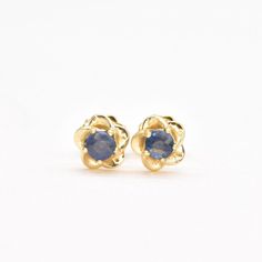 Certified Genuine Sapphire Earrings - Solid 14k Gold Sapphire Studs - Dainty Flower Real Gold Earrings September Gift, Sapphire Studs, Solid Gold Earrings, Sapphire Earrings, Earrings Blue, Gold Collection, Dainty Earrings, Natural Sapphire, Gold Studs