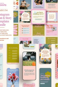 an assortment of brochures and flyers with flowers on the front, in pastel colors