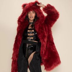 New And Never Worn. Comes Complete With Hood And Ears. Also Has Huge Pockets! Made From Faux Fur So No Animals Harmed In The Making. Size Medium: - Chest: 39-41.5" - Waist: 29-33" - Hips: 38-44" Reposting From Spirithoods Site About Wolf Coat: Important Care Instructions: - Always Avoid Bringing Faux Fur Around Heat - Hand-Wash Cold - Hang Dry Only (Away From Heat Sources And Direct Sunlight) Classic Faux Fur Coat Features: - Red Velvet Faux Fur Made With 100% Acrylic - Sleek Black Logo Liner: P Red Fur Coat With Faux Fur Trim For Winter, Red Winter Fur Coat With Faux Fur Trim, Red Fur Coat With Faux Fur Trim For Fall, Winter Red Fur Coat With Faux Fur Trim, Red Faux Fur Coat For Fall, Hooded Outerwear For Fall Costume Party, Red Long Sleeve Fur Coat For Winter, Red Long Sleeve Outerwear For Halloween, Red Long Sleeve Outerwear For Costume Party