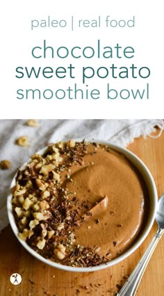 chocolate sweet potato smoothie bowl with walnuts on top and text overlay reading pale real food chocolate sweet potato smoothie bowl