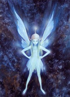 a painting of a white fairy with blue wings standing in front of a dark background