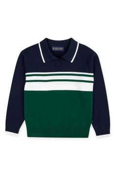 Soft cotton offers daylong comfort for your busy kiddo in this smart polo-sweater patterned with classic stripes. Ribbed cuffs and hem 100% cotton Dry clean or machine wash, flat dry Imported Cotton Sweater With Striped Hem For Winter, Fall Cotton Polo Sweater With Striped Collar, Classic Winter Polo Sweater With Striped Collar, Classic Fall Polo Sweater With Striped Collar, Casual Collared Polo Sweater With Contrast Stripes, Classic Cotton Collared Sweater, Winter Cotton Tops With Striped Hem, Casual Cotton Sweater With Striped Collar, Casual Cotton Polo Sweater With Contrast Stripes