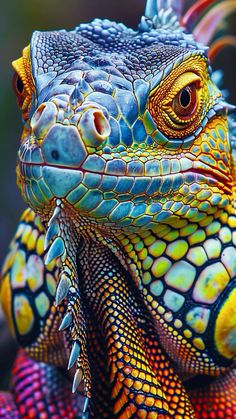 an iguana looking at the camera with bright colors