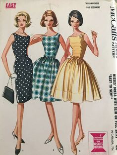 Sleeveless, scooped neck dress with slim three-gore skirt or gathered four-gore skirt. Sheer overskirt may be included in waistline seam with gathered skirt. Slim skirt has gathers at side front, back pleat. Center back zipper closing. Buckled belt, tie belt or purchased belt may be used. Size: 10 Bust: 31 The pattern is complete and uncut with instructions. Factory folded. The envelope is in good condition. Retro Sleeveless Dress For Costume Party, Retro Dresses With Gathered Skirt, Vintage Sleeveless Dress For Costume Party, Spring Full Skirt Dresses For Costume Party, Retro Sleeveless Dress With Fitted Bodice, Spring Costume Party Dresses With Full Skirt, Fitted Petticoat For Dressmaking, Retro Full Skirt Dress With Gathered Detail, Retro Fitted Dress With Gathered Skirt