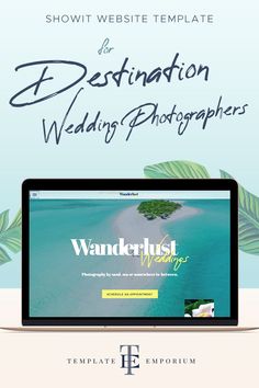 the website for destination wedding photographers is displayed on a laptop screen with tropical leaves surrounding it