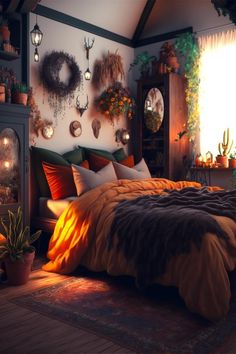 a bed with pillows and blankets on it in a room filled with potted plants