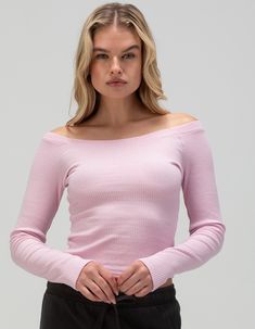 Tilly's Ballet Neck Long Sleeve Top. This Ballet Neck Long Sleeve Top Features A Flattering, Wide Neckline That Gracefully Frames The Shoulders. Crafted From Soft, Stretchy Fabric, It Provides A Comfortable And Elegant Fit That's Perfect For Layering Or Wearing On Its Own. Rib Knit Fabric. Long Sleeve. 55% Cotton, 35% Polyester, 10% Spandex. Machine Wash. Imported.model Is Wearing A Size Small. Model Measurements:height: 5'7" Bust: 32abwaist: 23"hips: 34" | Tillys Ballet Neck Long Sleeve Top Simple Tops For Women, Ballet Wrap Top, Chino Pants Women, Wwe T Shirts, Ballet Clothes, Rib Knit Fabric, 2024 Christmas, Girls Blouse, Kids Outerwear