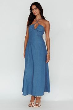 Shop the Leilana Halterneck Maxi Dress Denim | Selfie Leslie