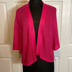 Women’s 3/4 Sleeve Allison Daley Crochet Fuchsia Color Cardigan, Nwt, Size Xl, Own Fly Away Front. The Approximate Measurements Are As Follows: Sleeves: 15.5 Inches Length: 23 Inches Bust: 20 Inches Sku: B-8 Pink Stretch Knit Cardigan, Spring Open Knit Top With 3/4 Sleeves, Open Knit Top With 3/4 Sleeves For Spring, Fitted Pink Open Knit Cardigan, Summer Pink Knit Outerwear, Stretch Summer Cardigan With 3/4 Sleeves, Stretch 3/4 Sleeve Summer Cardigan, Summer Stretch Cardigan With 3/4 Sleeve, Pink Open Knit Cardigan For Spring