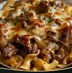 a close up of a plate of food with noodles and meat on it, including cheese